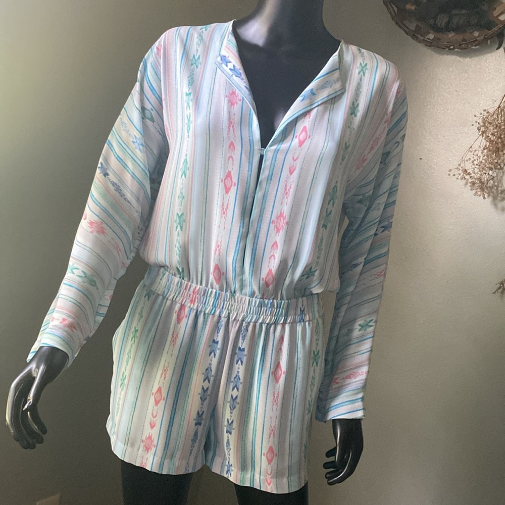 BCBGMaxAzria Teal and Pink Patterned Romper Jumper